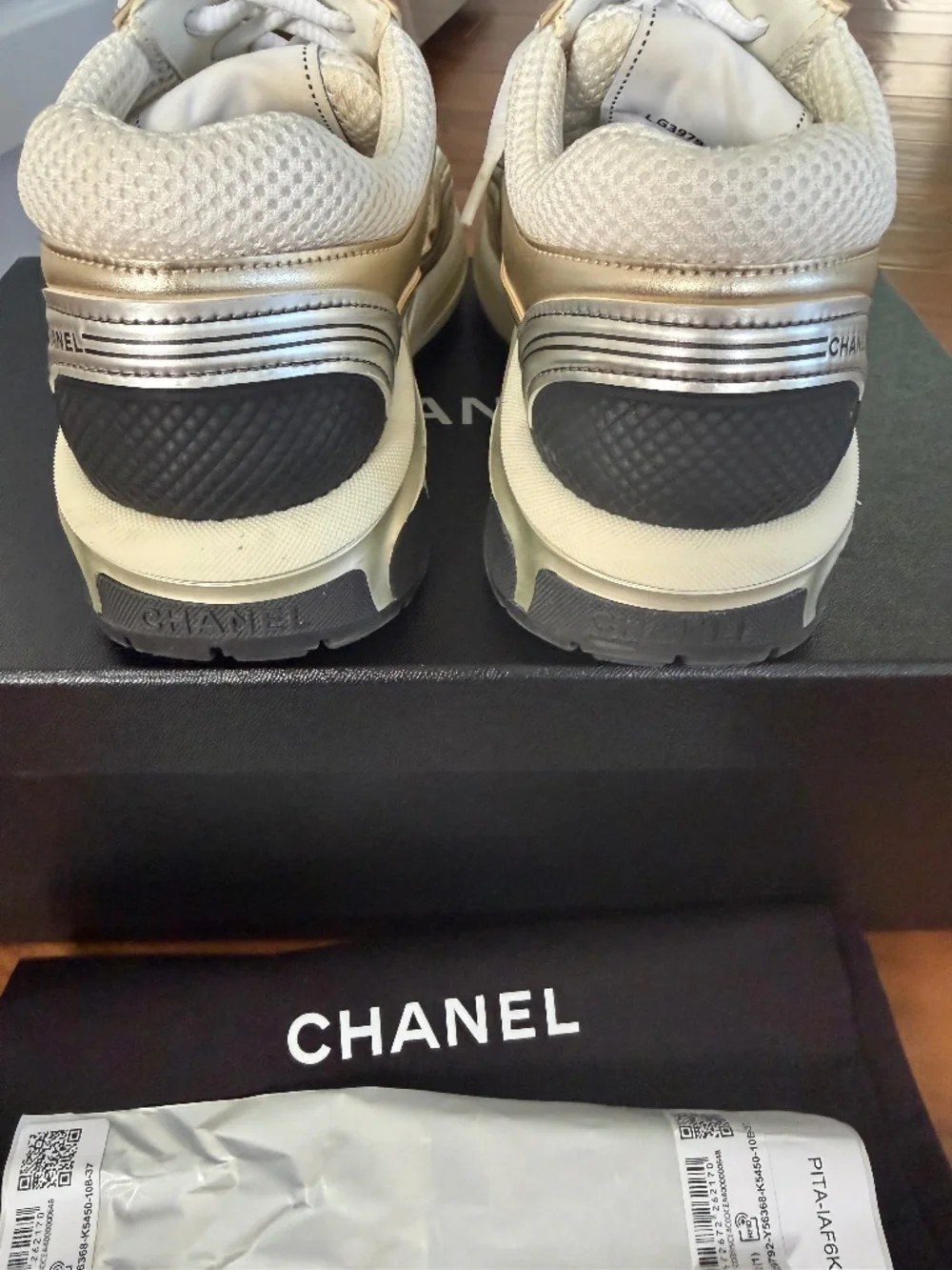 CHANEL Fabric Laminated Calfskin Stretch CC Sneakers size 37 in White,Gold,Silv